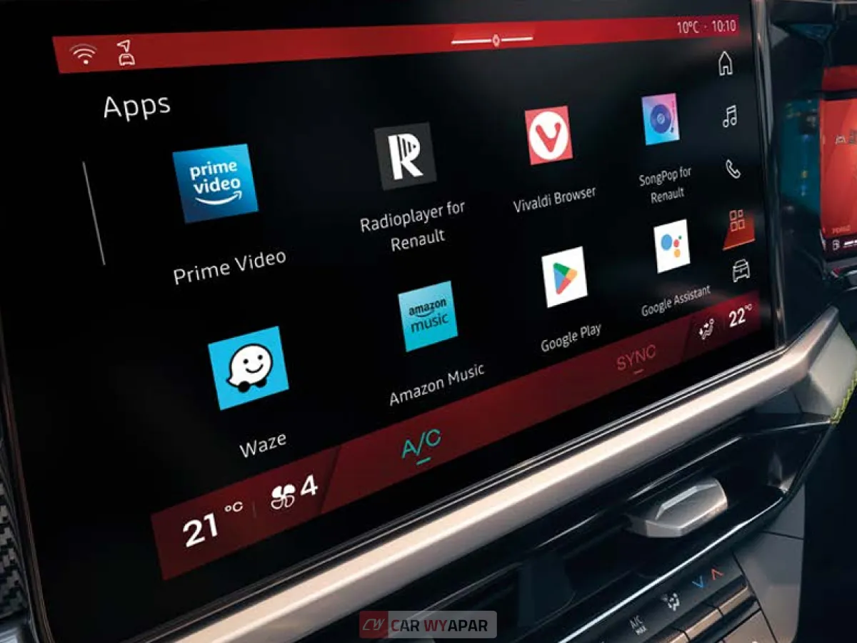 Close-up of the 10.1-inch floating touchscreen display showing the My Renault app interface and connected car features.